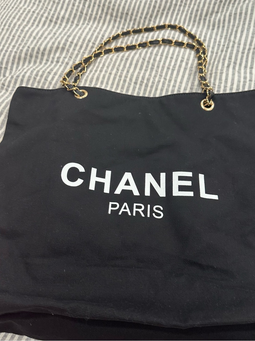 Black Canvas Tote with Gold Chain Handles - Picture 2 of 4